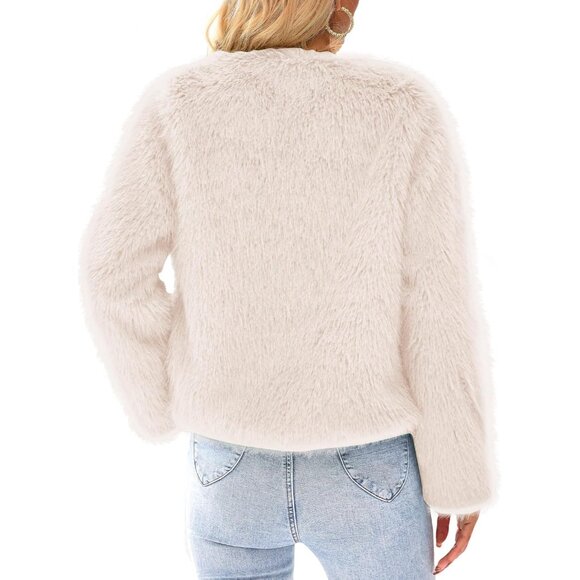 Women Apricot Winter Coats Fleece Cropped Jacket Faux Fur Warm Shaggy Outerwear - Picture 2 of 9